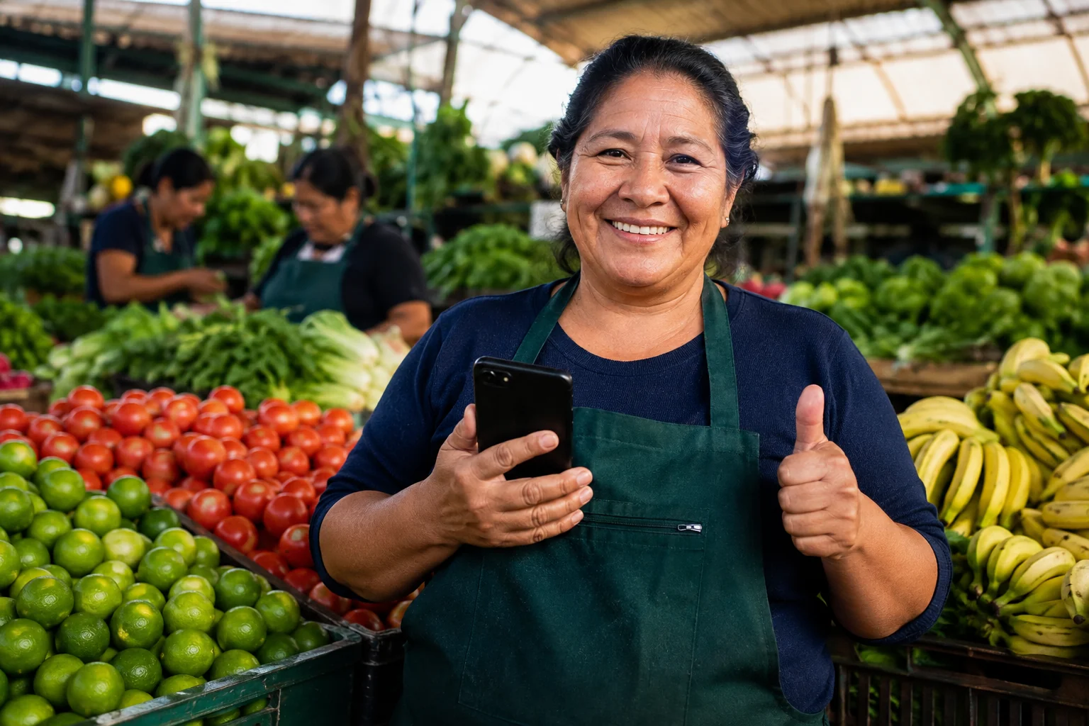Comerciante sonriente en su puesto de mercado con su celular en la mano